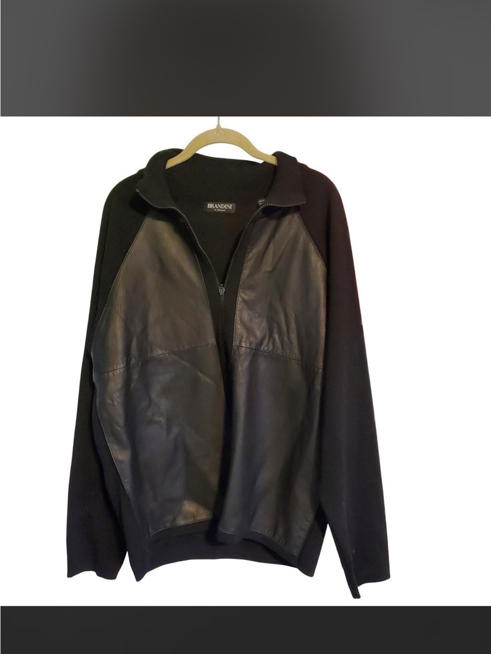 Brandini Black Wool and Leather-Panel Zip-Up Sweater Jacket Sz L